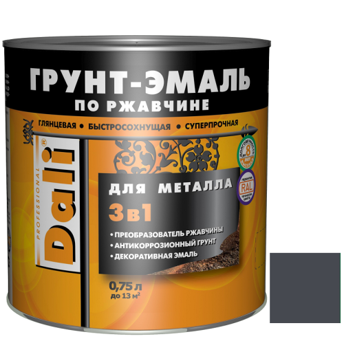 Грунт-эмаль по ржавчине Dali 3 в 1 гладкая RAL 7024 серый графит 0,75 л