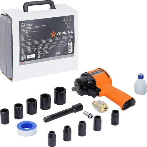 Гайковерт пневматический ударный композитный AIRLINE 1/2DR 610Нм PRO с головками 17пр. (9-27мм), кейс ATAZ124 фото 3