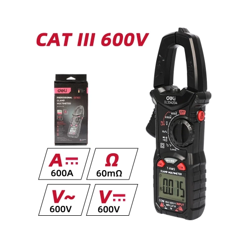 Токоизмерительные клещи цифровые DELI DL334204 (раскрытие клещей 25мм, CAT III 600В, 600А, 60 МОм) 170172 фото 3