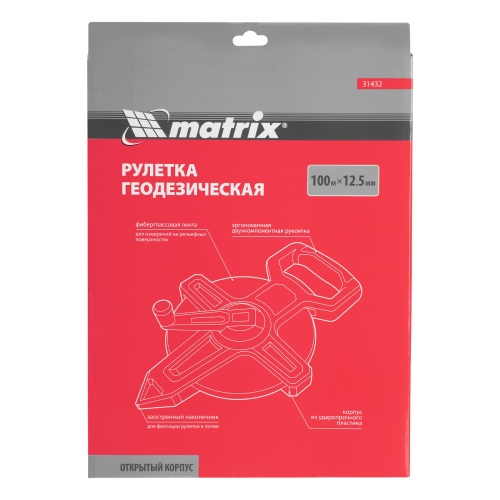 Рулетка геодезическая 100 м х 12,5 мм, открытый корпус, фиберглассовая лента Matrix фото 12