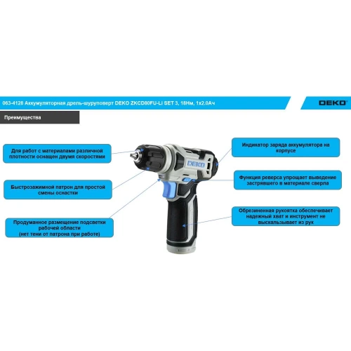 Аккумуляторная дрель-шуруповерт DEKO ZKCD80FU-Li SET 3 063-4128 фото 4