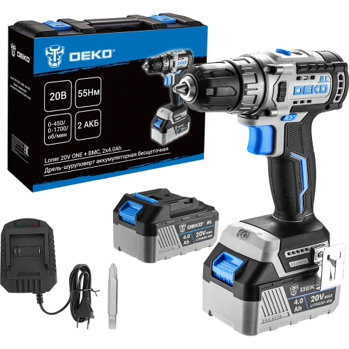 Дрель-шуруповерт аккумуляторная бесщеточная DEKO Loner 20V ONE + в кейсе, 20В, 2x4.0Ач 085-1003 Дрель-шуруповерт аккумуляторная бесщеточная DEKO Loner 20V ONE + в кейсе, 20В, 2x4.0Ач 085-1003