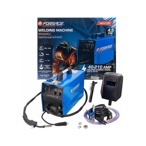 Сварочный аппарат Forsage 4.5 кВт, 230 В, диаметр электрода - 1.6-4 мм, диаметр проволоки - 0.6-1 мм, сварочный ток - 40-210 А F-MIG-210P(58935) Сварочный аппарат Forsage 4.5 кВт, 230 В, диаметр электрода - 1.6-4 мм, диаметр проволоки - 0.6-1 мм, сварочный ток - 40-210 А F-MIG-210P(58935)