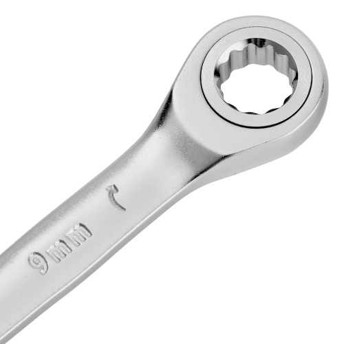 Ключ комбинированный трещоточный, 9 мм, CrV, матовый хром Denzel фото 4