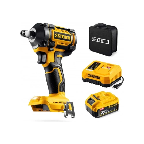 Бесщеточный ударный гайковерт STEHER 20 В, 350 Н·м, 1 АКБ LMS (4 А·ч), сумка CWB-350-41