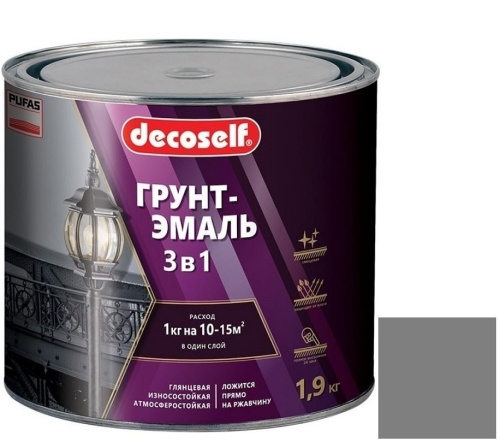 Грунт-эмаль Pufas Decoself 3 в 1 матовая серая 1,9 кг