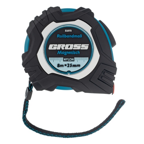Рулетка Magnetisch 8 м х 25 мм,обрезиненный корпус,автоматическая фиксация,Нейлоновое покрытиеытие,зацеп с магнитом Gross фото 3