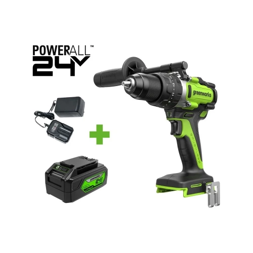 Дрель-шуруповерт ударная GreenWorks GD24DD140, 24V, б/щет, 0-550/0-2100об/мин, 70/140Нм, Anti-kickback, 1x4Ач, ЗУ, коробка 3707607VUB Дрель-шуруповерт ударная GreenWorks GD24DD140, 24V, б/щет, 0-550/0-2100об/мин, 70/140Нм, Anti-kickback, 1x4Ач, ЗУ, коробка 3707607VUB