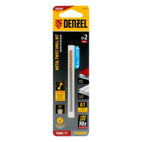 Сверло спиральное по металлу 2 х 86 мм Р6М5, Golden Tip, удлиненное, 2шт. Denzel фото 5