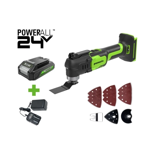 Мультитул GreenWorks G24MT, 24V, QOIS, 5000-18000/мин, 3,2, LED, оснастка 13 шт, 1x2Ач,ЗУ, коробка 3400307VUA Мультитул GreenWorks G24MT, 24V, QOIS, 5000-18000/мин, 3,2, LED, оснастка 13 шт, 1x2Ач,ЗУ, коробка 3400307VUA