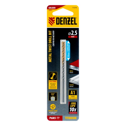 Сверло спиральное по металлу 2,5 х 95 мм Р6М5, Golden Tip, удлиненное, 2шт. Denzel фото 5