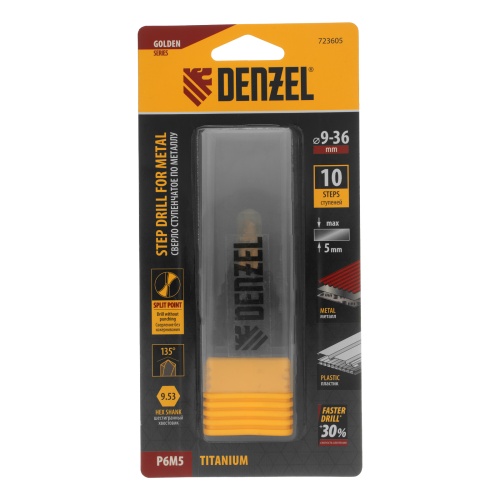 Сверло ступенчатое, 9-12-15-18-21-24-27-30-33-36 мм, Р6М5, 6-гр. хвостовик Denzel фото 6