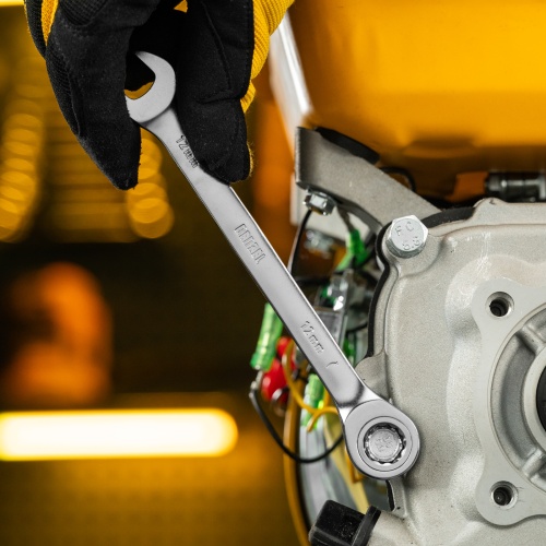 Ключ комбинированный трещоточный, 12 мм, CrV, матовый хром Denzel фото 7