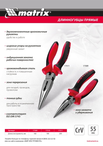 Длинногубцы прямые, 200 мм, хром-ванадий, двухкомпонентные рукоятки Matrix фото 13