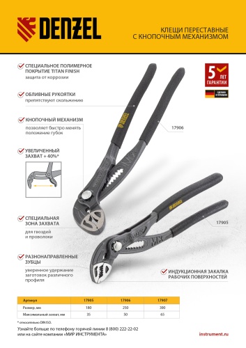 Клещи переставные, кнопочный механизм, обливные рукоятки, 300 мм Denzel фото 13