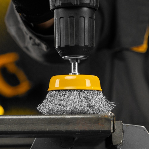 Щетка для дрели, 75 мм, Чашка, со шпилькой, нержавеющая витая проволока Denzel фото 10