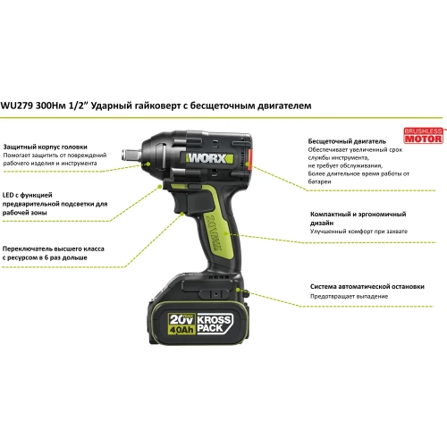 Аккумуляторный ударный гайковерт WORX Professional WU279.1 фото 4