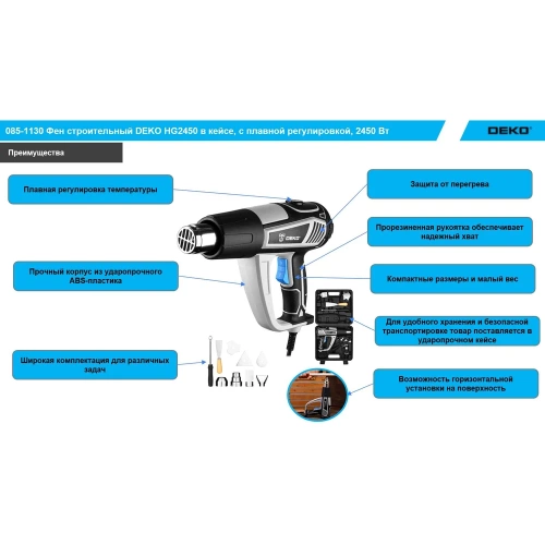 Фен строительный DEKO HG2450 в кейсе, с плавной регулировкой, 2450 Вт 085-1130 фото 6