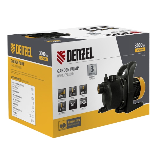 Садовый поверхностный насос GPL600, 600 Вт, 3000 л/ч, подъем 35 м, пластик Denzel фото 17