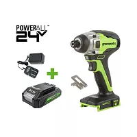 Винтоверт ударный GreenWorks GD24ID3, 24V, б/щет, 0-2800об/мин, 4000уд/мин, HEX 1/4", 300Нм, 3 режима, 1x2Ач, ЗУ, коробка 3802807VUA