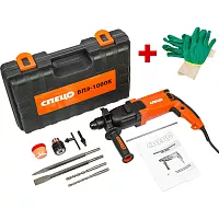 Перфоратор СПЕЦ Набор БПЭ-1000К , SDS+,1000Вт, 3,4Дж, 3+1режима, 0-1000об/мин, 4200уд/мин, кл патрон с адаптером, набор буров/пик, смазка, кейс + перчатки СПЕЦ-4166/И-8076-И