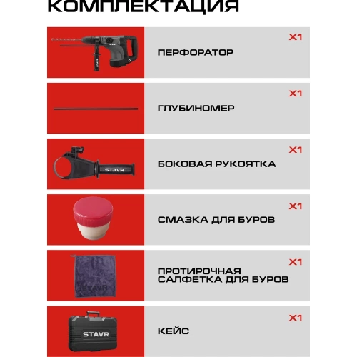 Перфоратор Ставр SDS-MAX, 40мм, вертик, 1200Вт, Stavr SBH 1200-40, 2 реж,AVS, индик, 10Дж,235-500об/мин с рег-ой, 1350-2800уд/мин,кабель 5м (набор осн,кейс) 9030300324 фото 9