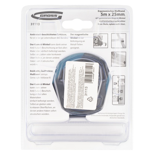 Рулетка "Schlagfest",5 м x 25 мм,магнитный обрезиненный зацеп,двусторонняя шкала,Нейлоновое покрытие,автоматическая фиксация Gross фото 7