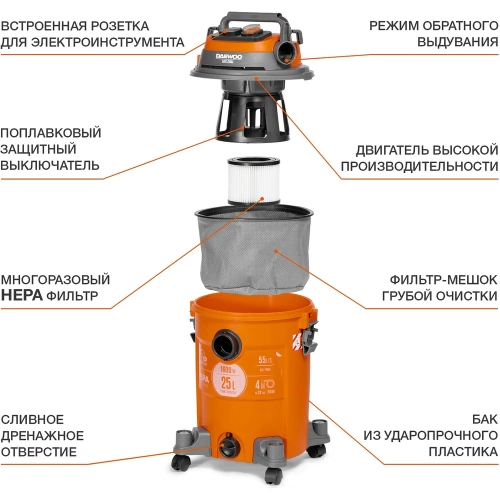 Строительный пылесос  с шлангом DAEWOO 4 м DAVC 2516S фото 4