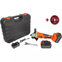 Шлифмашина угловая СПЕЦ набор промо БШУ-20-ПБ, бесщеточная, аккумуляторная, 125мм, 3000-8000об/мин, 20В, 2 аккумулятора Ли-Ион, 4,0Ач, зарядное устройство 5,0ч, кейс, цв рубашка на кейс+диск алмазный отрезной БИЗОН 125х22,2х1,8мм 4127/БИЗОН-0512003