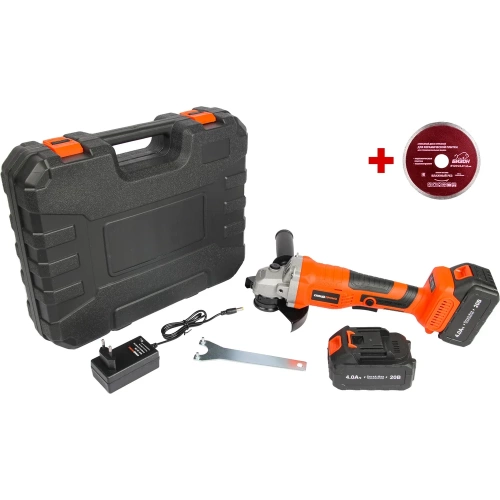 Шлифмашина угловая СПЕЦ набор промо БШУ-20-ПБ, бесщеточная, аккумуляторная, 125мм, 3000-8000об/мин, 20В, 2 аккумулятора Ли-Ион, 4,0Ач, зарядное устройство 5,0ч, кейс, цв рубашка на кейс+диск алмазный отрезной БИЗОН 125х22,2х1,8мм 4127/БИЗОН-0512003