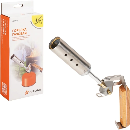 Горелка газовая на резьбовой баллон Airline ручной поджиг, сопло D31x90 мм, анти-вспышка, деревянная складная ручка ADGT024