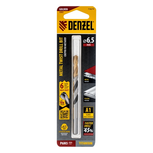 Сверло спиральное по металлу 6,5 x 93мм, Р6М5, Golden Tip, многогранная заточка Denzel фото 5 Сверло спиральное по металлу 6,5 x 93мм, Р6М5, Golden Tip, многогранная заточка Denzel фото 5