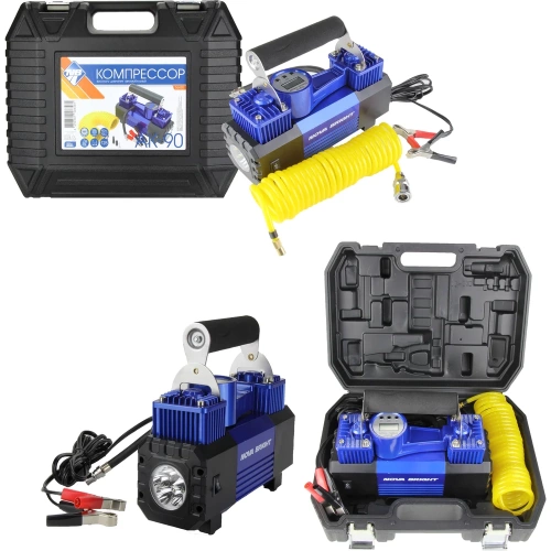 Компрессор Nova Bright АК-90 двухпоршневой, до 90 л/мин., 150 PSI, 12В, металл.корпус, пластик.кейс, цифровой манометр, LED-фонарь 36450