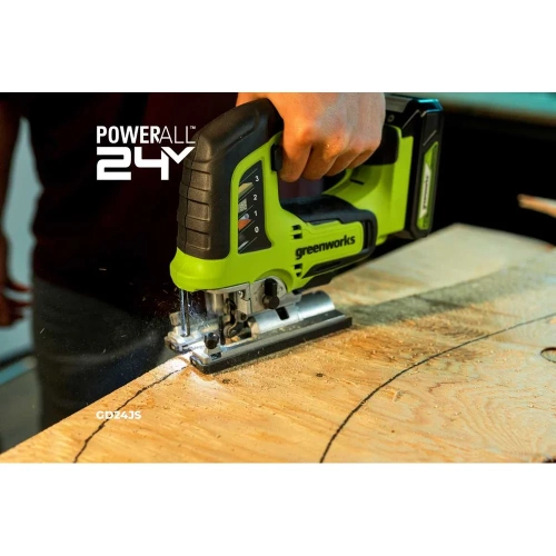 Лобзик GreenWorks GD24JS, 24V, б/щет, 100мм, 800-3000/мин, 4-ст.маятник, алюмниевая подошва, LED, 1x2Ач, ЗУ, коробка 3601407VUA фото 11 Лобзик GreenWorks GD24JS, 24V, б/щет, 100мм, 800-3000/мин, 4-ст.маятник, алюмниевая подошва, LED, 1x2Ач, ЗУ, коробка 3601407VUA фото 11