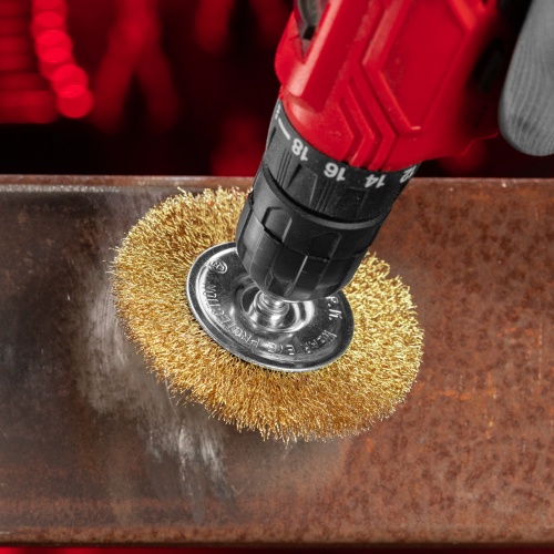 Щетка для дрели 100 мм, плоская со шпилькой, латунированная витая проволока Matrix фото 8