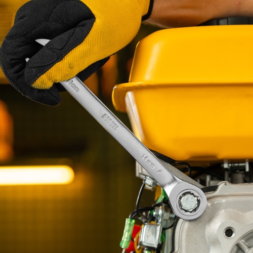 Ключ комбинированный трещоточный, 14 мм, CrV, матовый хром Denzel фото 7