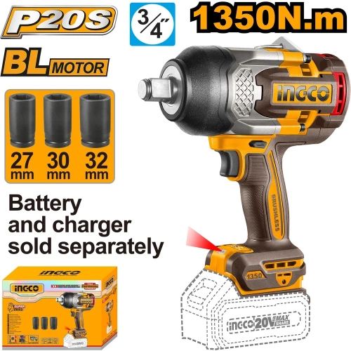 Аккумуляторный ударный гайковерт INGCO 1350 Нм, 3/4, 20В б/щ INDUSTRIA CIWLI201351 фото 3 Аккумуляторный ударный гайковерт INGCO 1350 Нм, 3/4, 20В б/щ INDUSTRIA CIWLI201351 фото 3