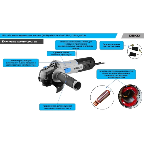 Углошлифовальная машина (УШМ) DEKO DKAG900 PRO, 125мм, 900 Вт 085-1054 фото 4 Углошлифовальная машина (УШМ) DEKO DKAG900 PRO, 125мм, 900 Вт 085-1054 фото 4