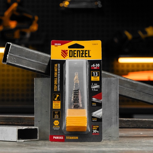 Сверло ступенчатое, 6-8-10-12-14-16-18-20-22-24-26-28-30мм, Р6М5К5, 6-гр. хвостовик Denzel фото 8