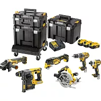 Набор электроинструмента Dewalt 18 В: перфоратор + дисковая пила + УШМ + дрель + шуруповерт + реноватор, с 3 АКБ 5 Ач и ЗУ, в 3 кейсах TSTAK, DCK685P3T DCK685P3T-QW
