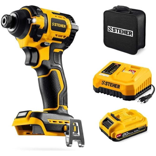 Бесщеточный ударный винтоверт STEHER 20 В, 180 Н·м, 1 АКБ LMS (2 А·ч), сумка CSB-180-21