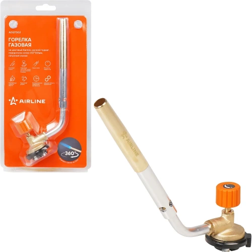 Горелка газовая Airline на цанговый баллон, ручн.поджиг, поворотное сопло D12x130мм, латунный клапан ADGT002
