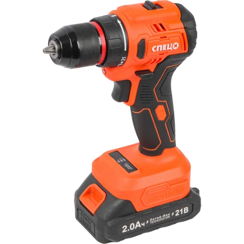 Дрель аккумуляторная Спец БДА-21-Б, (бесщеточный двигатель),21В,2аккум *2,0Ач, Ли-Ион, 0-450/0-1500об/мин,60Нм,реверс,21+1,рег..момента,металл.патрон 10мм,блок.шпинделя,инд.батареи,подсведка,зарядка 4ч,кейс + перчатки СПЕЦ-4131/И-8076-И фото 4