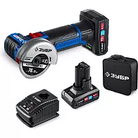 Бесщеточная угловая шлифовальная машина Зубр 12 В, D76 мм, 2 АКБ тип Т7 (4 А·ч), , сумка, Профессионал AB-76-42