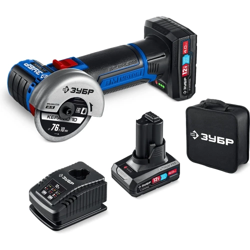 Бесщеточная угловая шлифовальная машина Зубр 12 В, D76 мм, 2 АКБ тип Т7 (4 А·ч), , сумка, Профессионал AB-76-42 Бесщеточная угловая шлифовальная машина Зубр 12 В, D76 мм, 2 АКБ тип Т7 (4 А·ч), , сумка, Профессионал AB-76-42