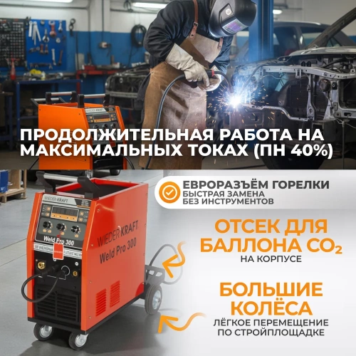 Сварочный инверторный аппарат WIEDERKRAFT 300A 380В MIG/MAG/MMA/Lift TIG горелка 24AK WELD Pro 300 фото 8