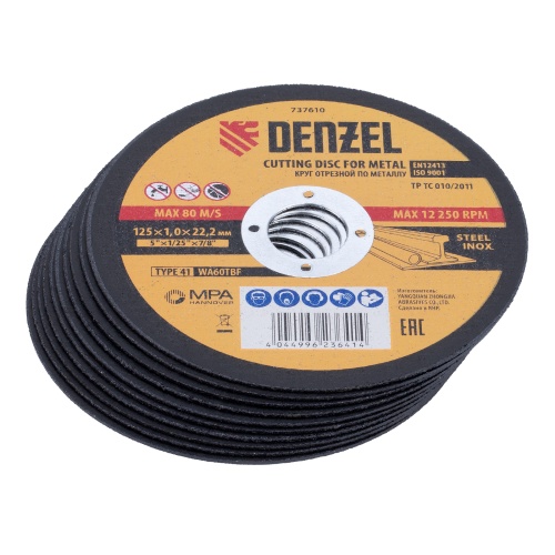 Круг отрезной по металлу, 125 х 1,0 х 22,2 мм, WA60TBF, в метал.банке, 10 шт. Denzel Круг отрезной по металлу, 125 х 1,0 х 22,2 мм, WA60TBF, в метал.банке, 10 шт. Denzel