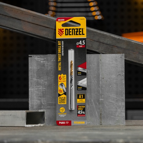 Сверло спиральное по металлу 4,5 x 80мм, Р6М5, Golden Tip, многогранная заточка Denzel фото 7 Сверло спиральное по металлу 4,5 x 80мм, Р6М5, Golden Tip, многогранная заточка Denzel фото 7