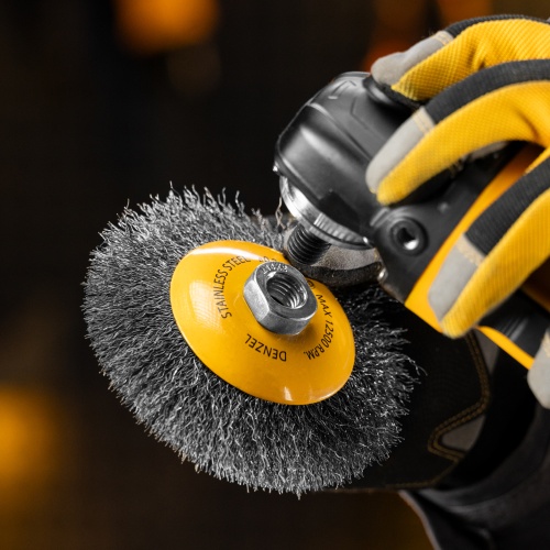 Щетка для УШМ, 125 мм, "Тарелка", витая нержавеющая проволока 0.3 мм, М14 Denzel фото 8