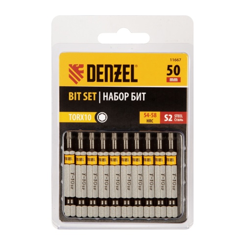 Бита TX 10х50, сталь S2, шестигранный профиль, 10 шт. Е 6,3 Denzel фото 2 Бита TX 10х50, сталь S2, шестигранный профиль, 10 шт. Е 6,3 Denzel фото 2